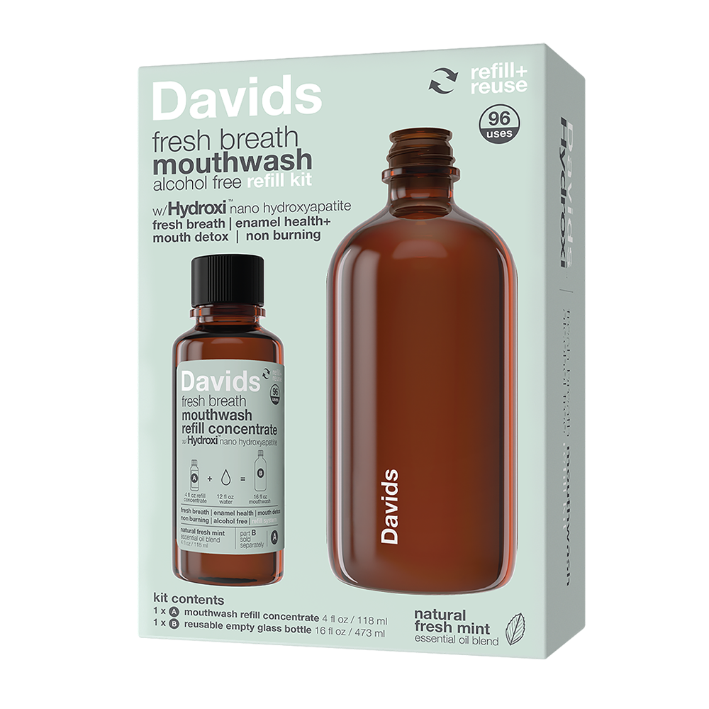 Davids Hydroxi™ munnskyll for frisk pust – naturlig frisk mynte (konsentrat og flaske)