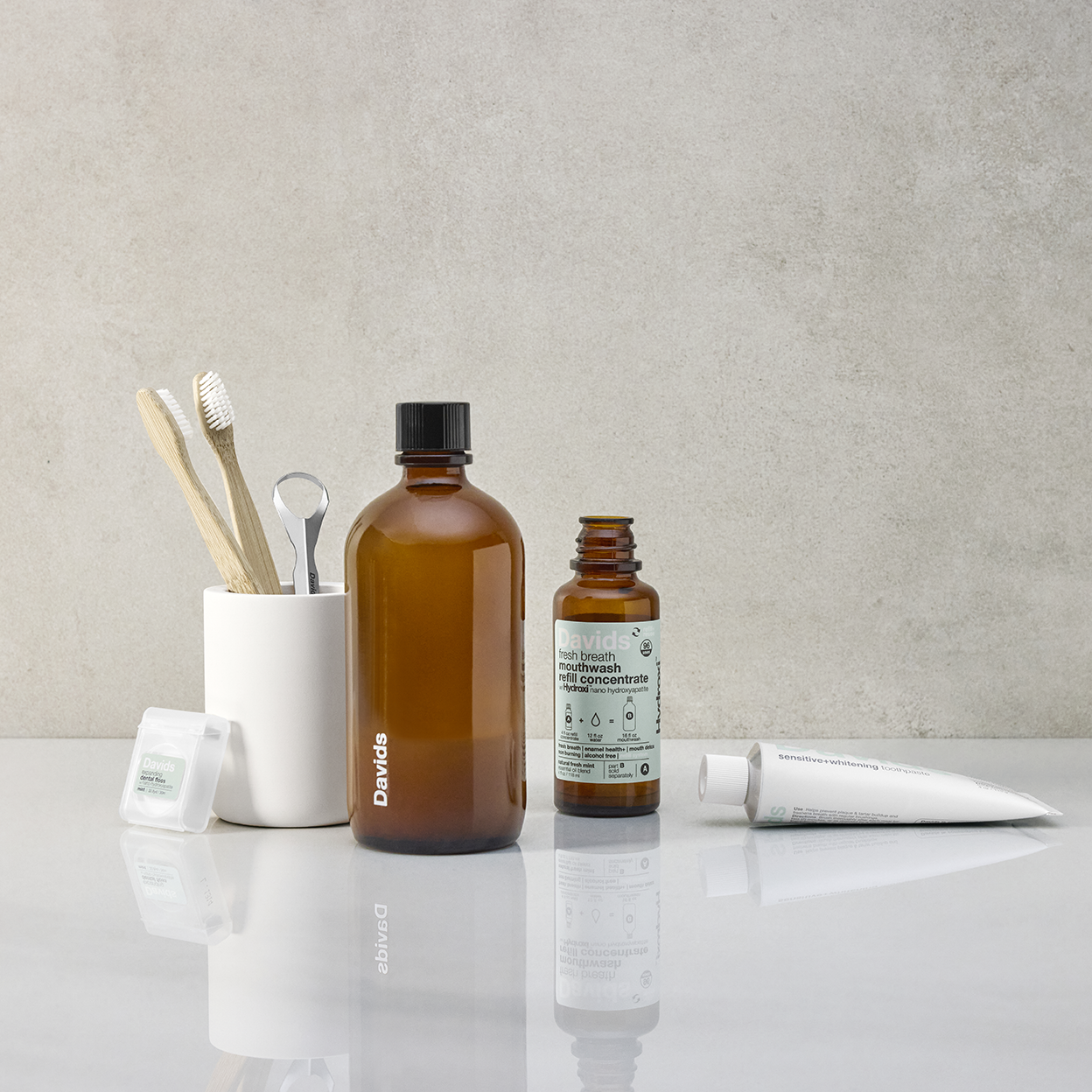 Davids Hydroxi™ munnskyll for frisk pust – naturlig frisk mynte (konsentrat og flaske)