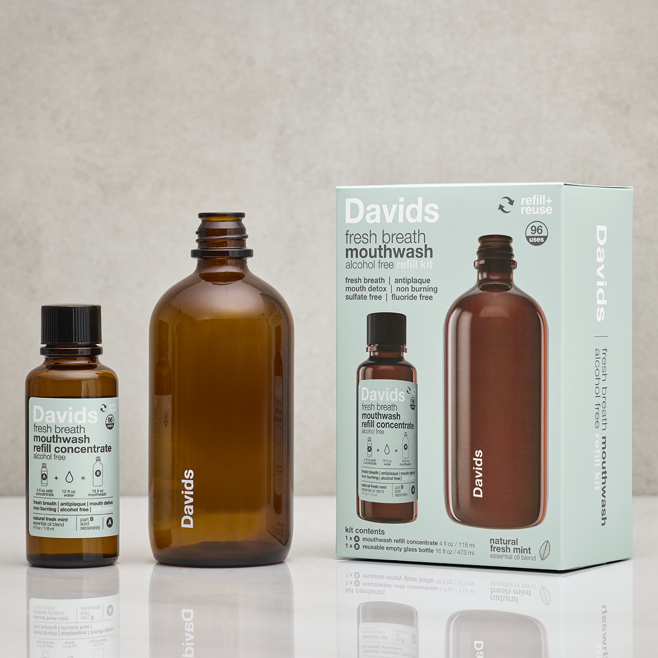 Davids Hydroxi™ munnskyll for frisk pust – naturlig frisk mynte (konsentrat og flaske)